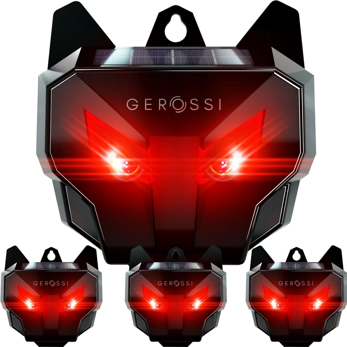 GEROSSI Solar Nocturnal Animal Repeller front view with dual red LEDs deterring intruders
