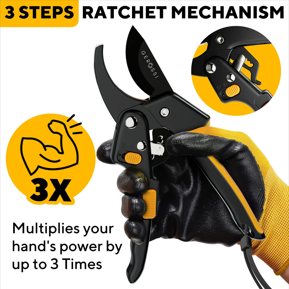 GEROSSI three-step ratchet mechanism reduces effort on tough stems.