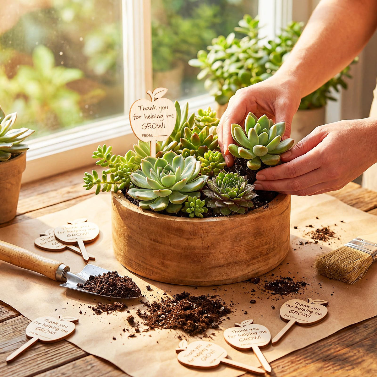 Gerrii wooden teacher appreciation stake for classroom plant labeling.