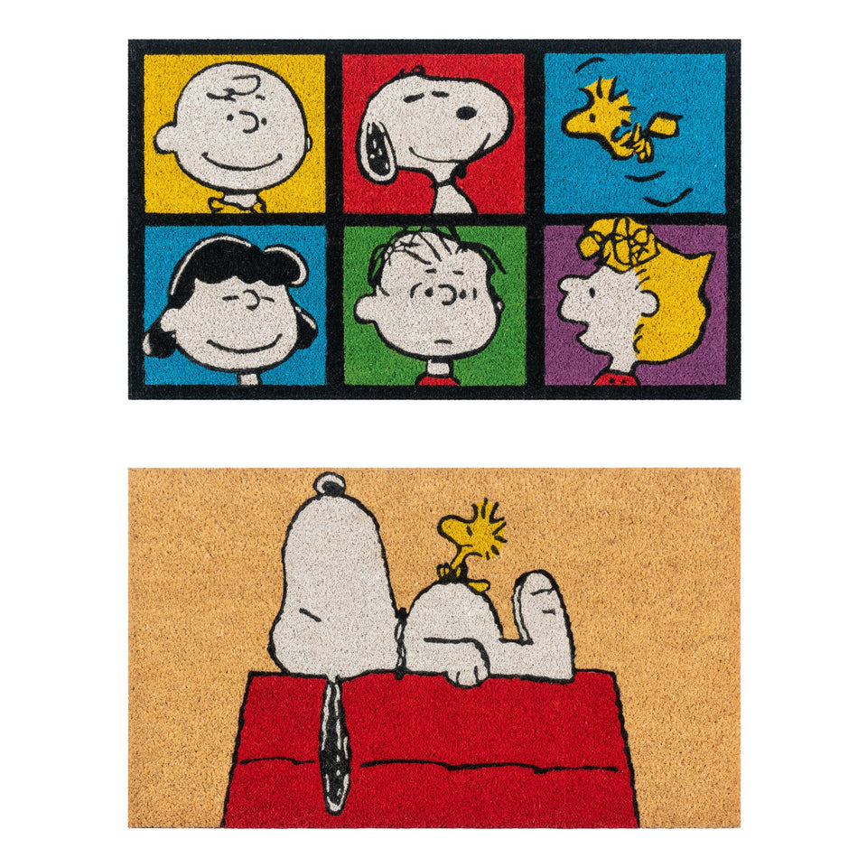 Gertmenian Peanuts Snoopy coir doormat front view, durable outdoor mat for high-traffic entryways.