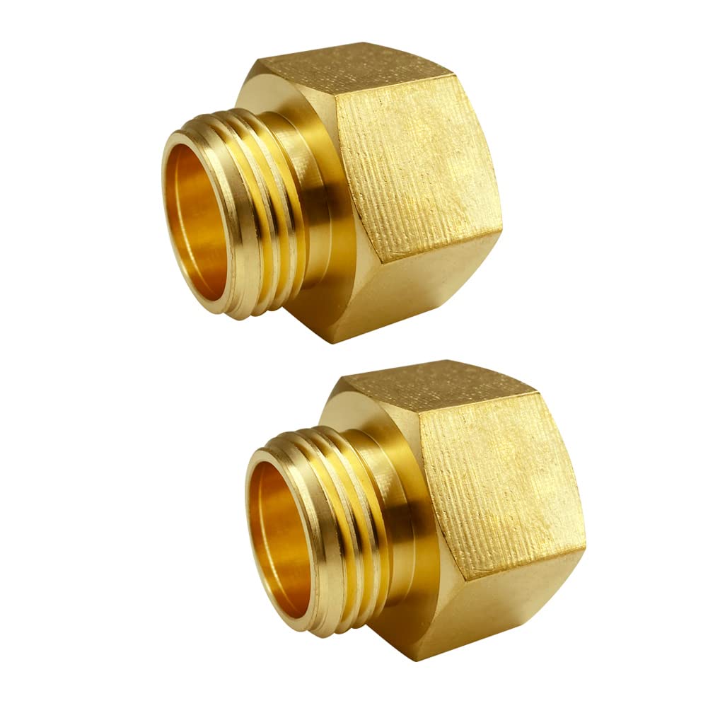 GESHATEN 3/4 inch GHT to 1 inch NPT connector showing a secure brass male-to-female fit for leak-free connections.