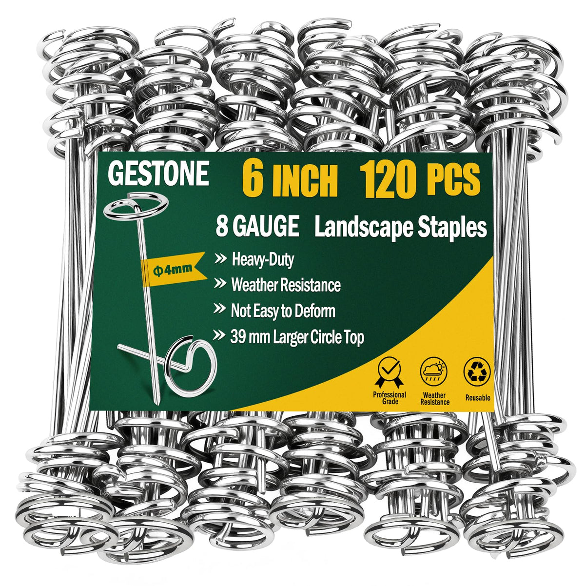 GESTONE 8-gauge circle-top stake secures landscape fabric in windy conditions.
