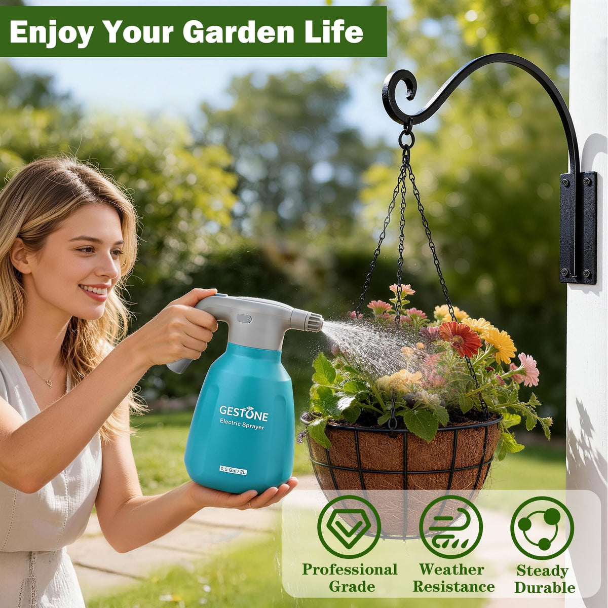 Gestone classic black finish complements porch, patio, or living room decor.