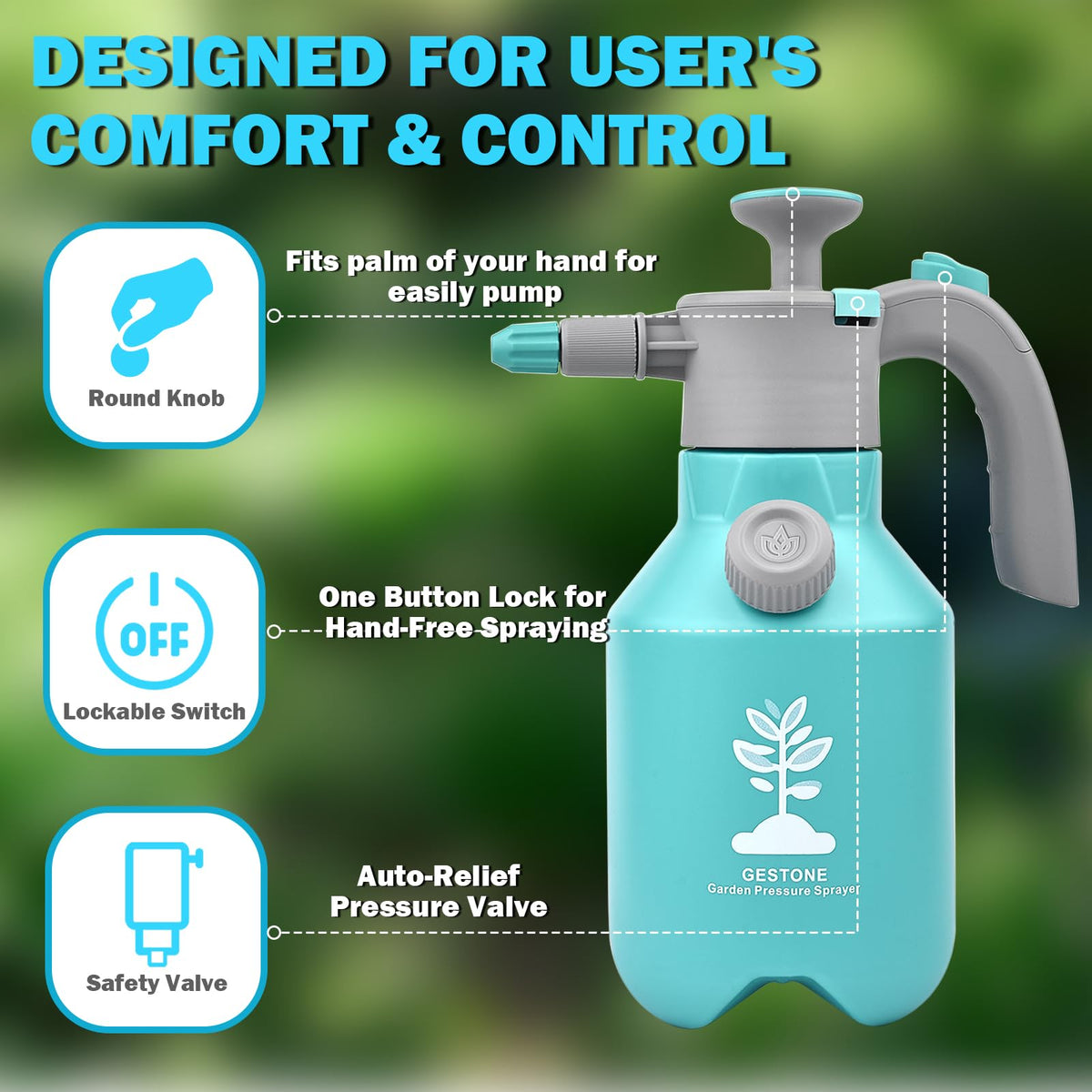 GESTONE Garden Hand Pump Sprayer 360° wand enables even coverage.