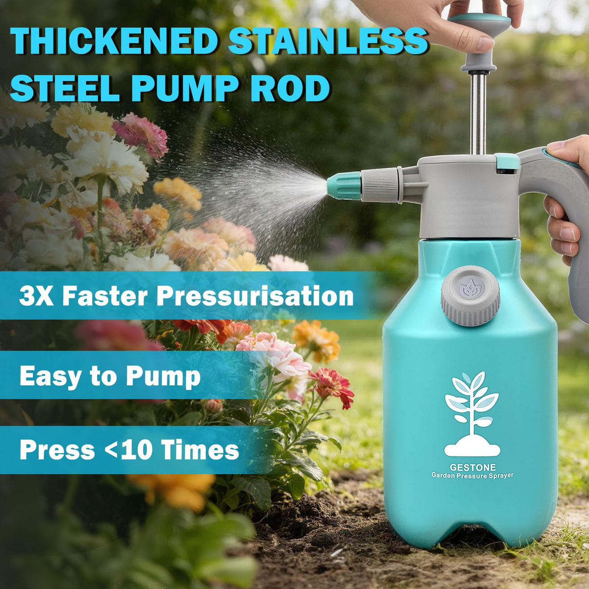 GESTONE Garden Hand Pump Sprayer adjustable nozzle offers mist or stream.