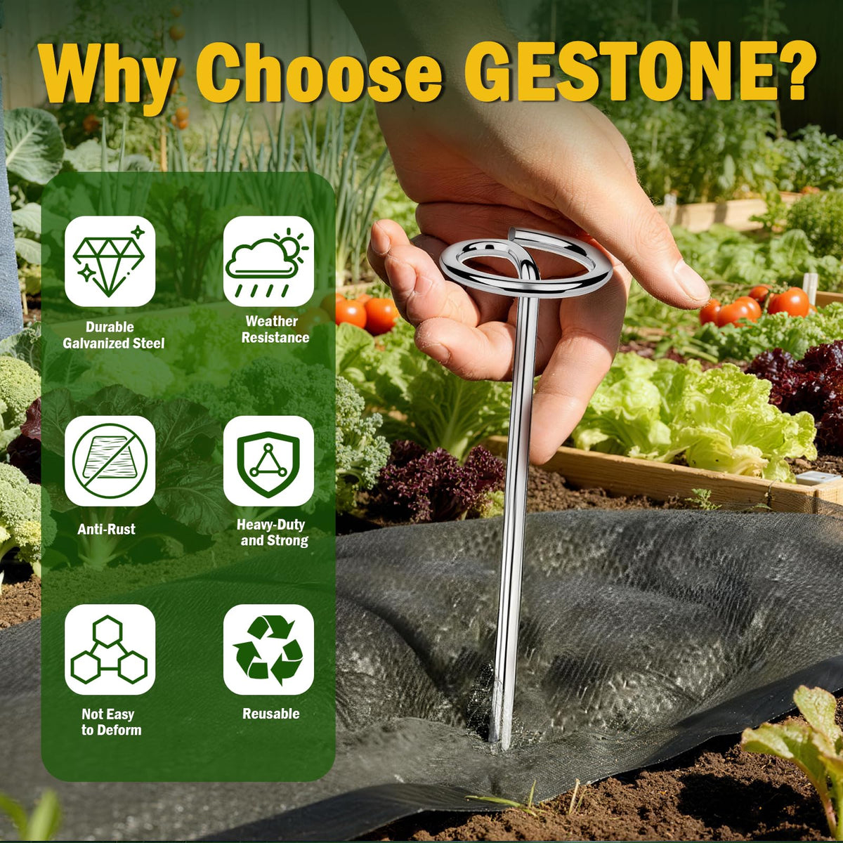 GESTONE heavy-duty stakes ideal for slopes and windy yards.