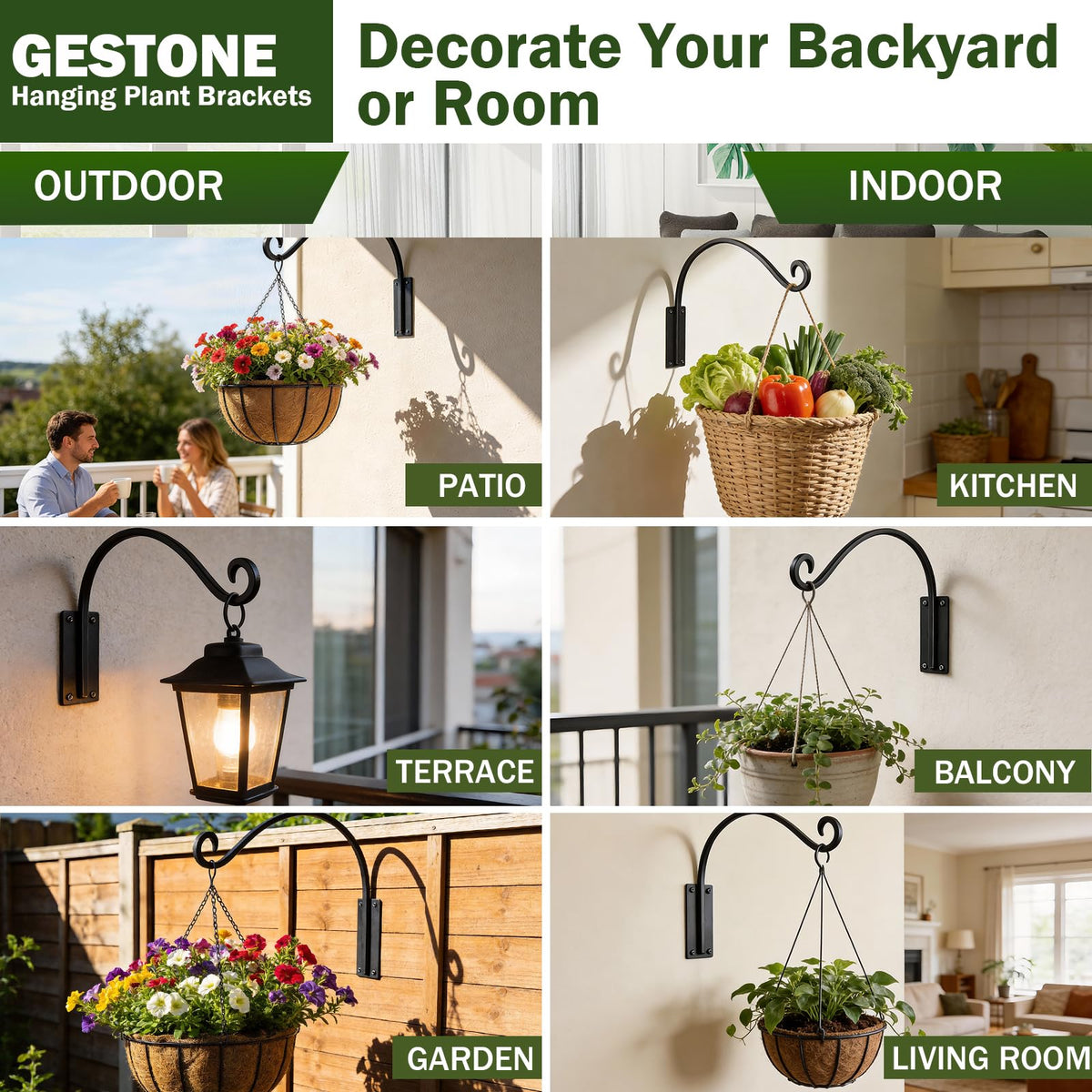 Gestone wind-resistant hanger helps baskets swing safely without hitting walls.