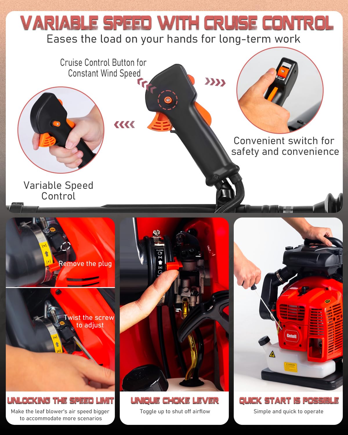 Getell heavy-duty blower with reinforced frame for reliable outdoor performance.