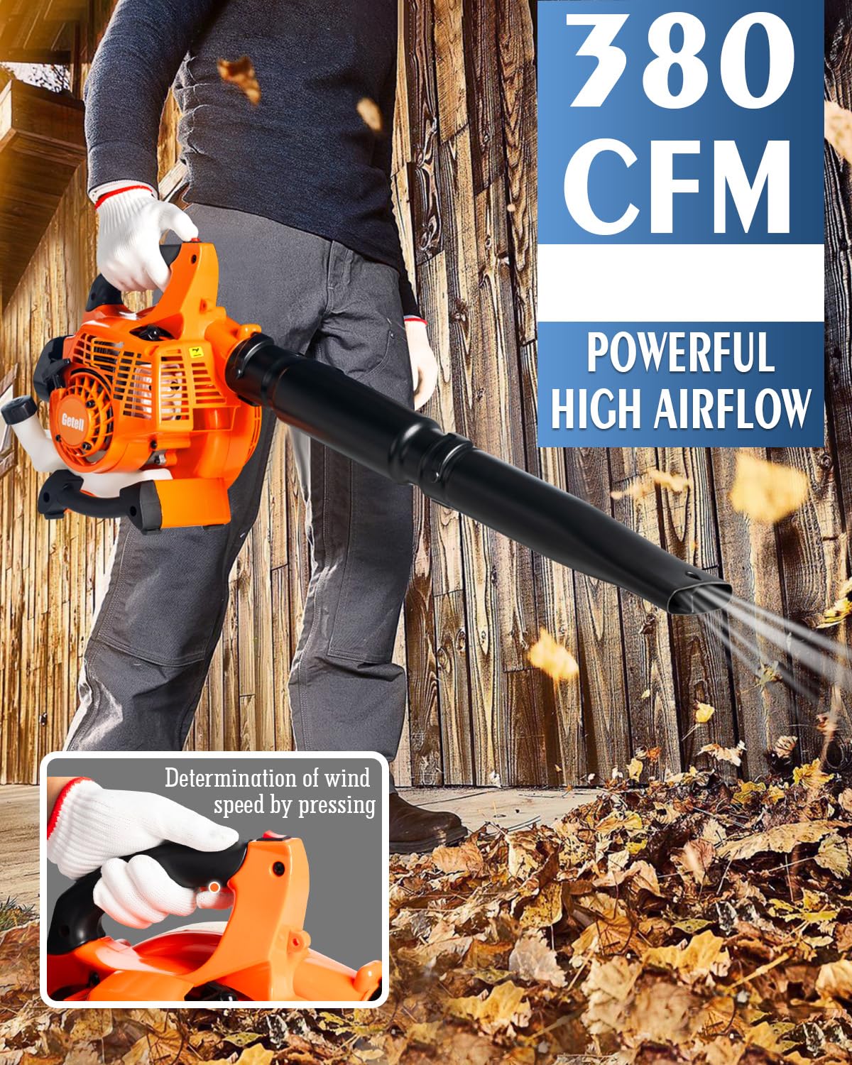 Getell 380 CFM airflow helps clear large yards efficiently.
