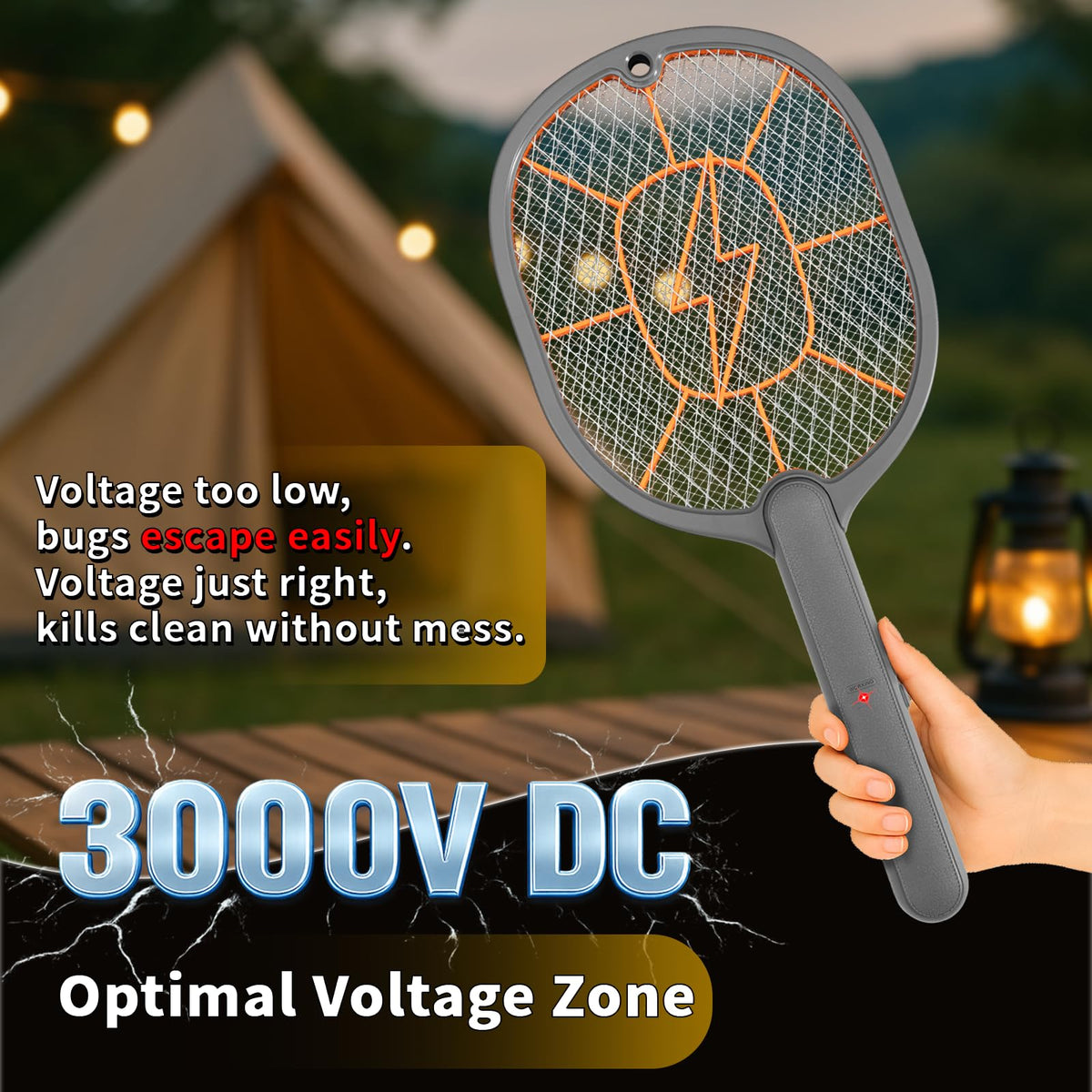 GEternalYn battery-powered zapping grid highlighting high-voltage insect target area