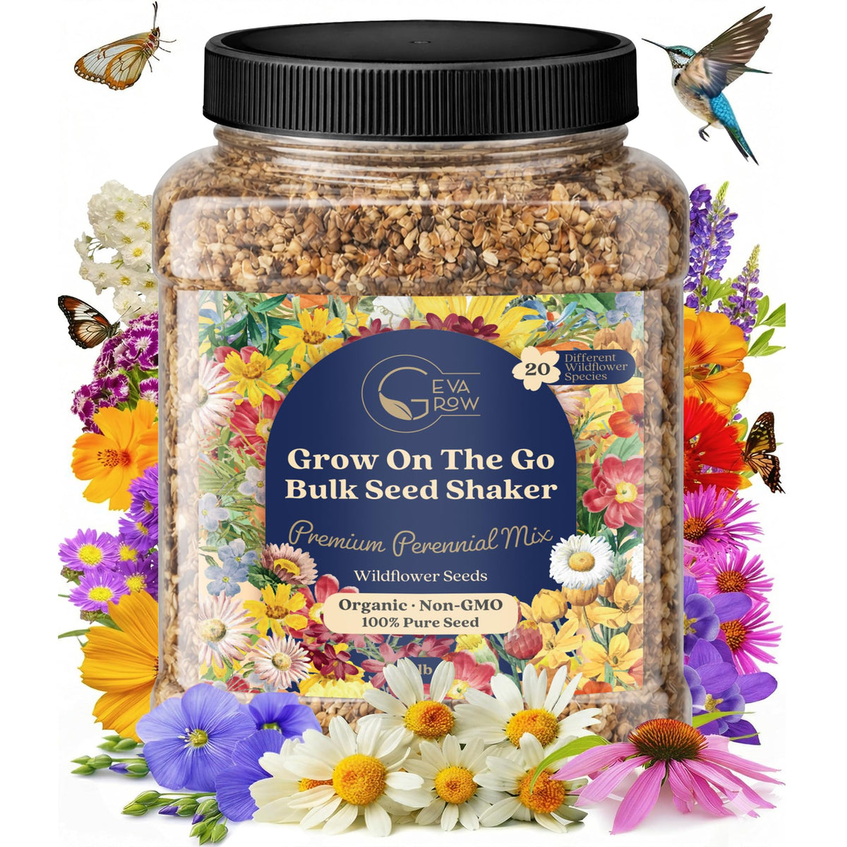 GevaGrow bulk wildflower seed shaker dispenses 20-species mix for vibrant borders.