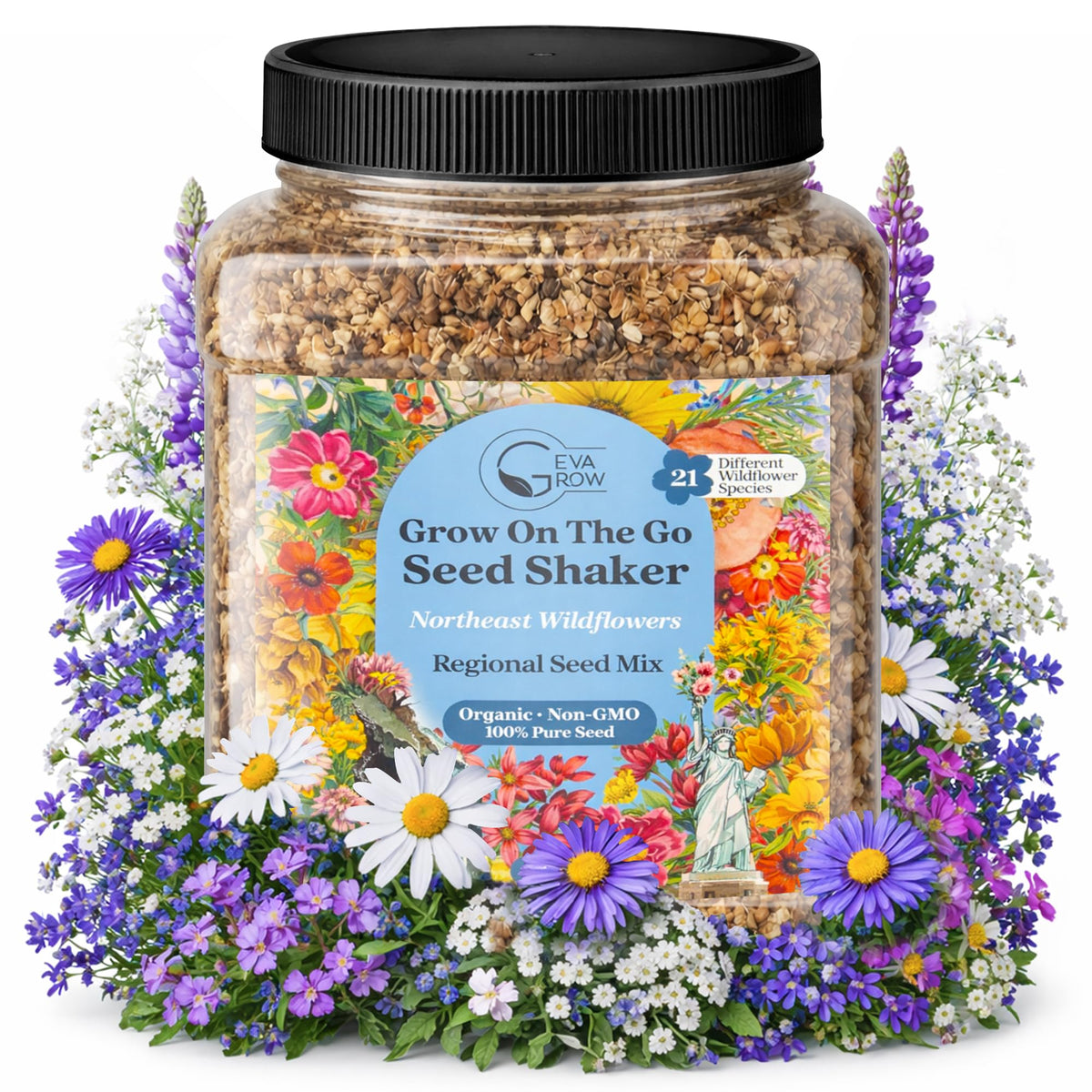 GevaGrow Northeast Wildflower Seed Mix tub ready for easy shake-and-sow planting.