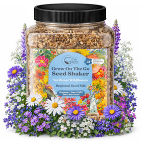 GevaGrow Northeast Wildflower Seed Mix tub ready for easy shake-and-sow planting.