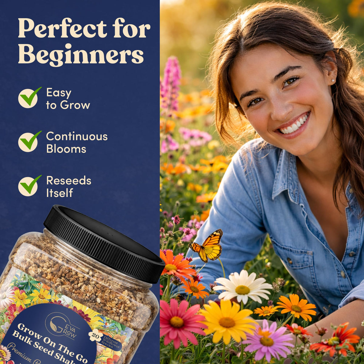 GevaGrow pollinator-friendly wildflowers attracting bees and butterflies.