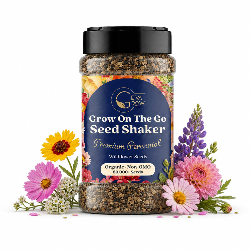 GevaGrow seed shaker dispensing seeds in action for a colorful garden.