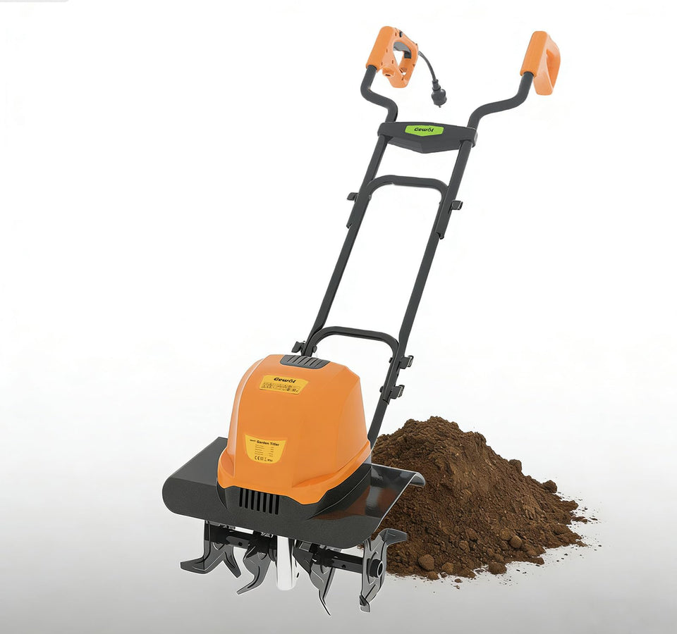 Gewol electric garden tiller with 7-inch depth and 14-inch width improves bed prep efficiency.