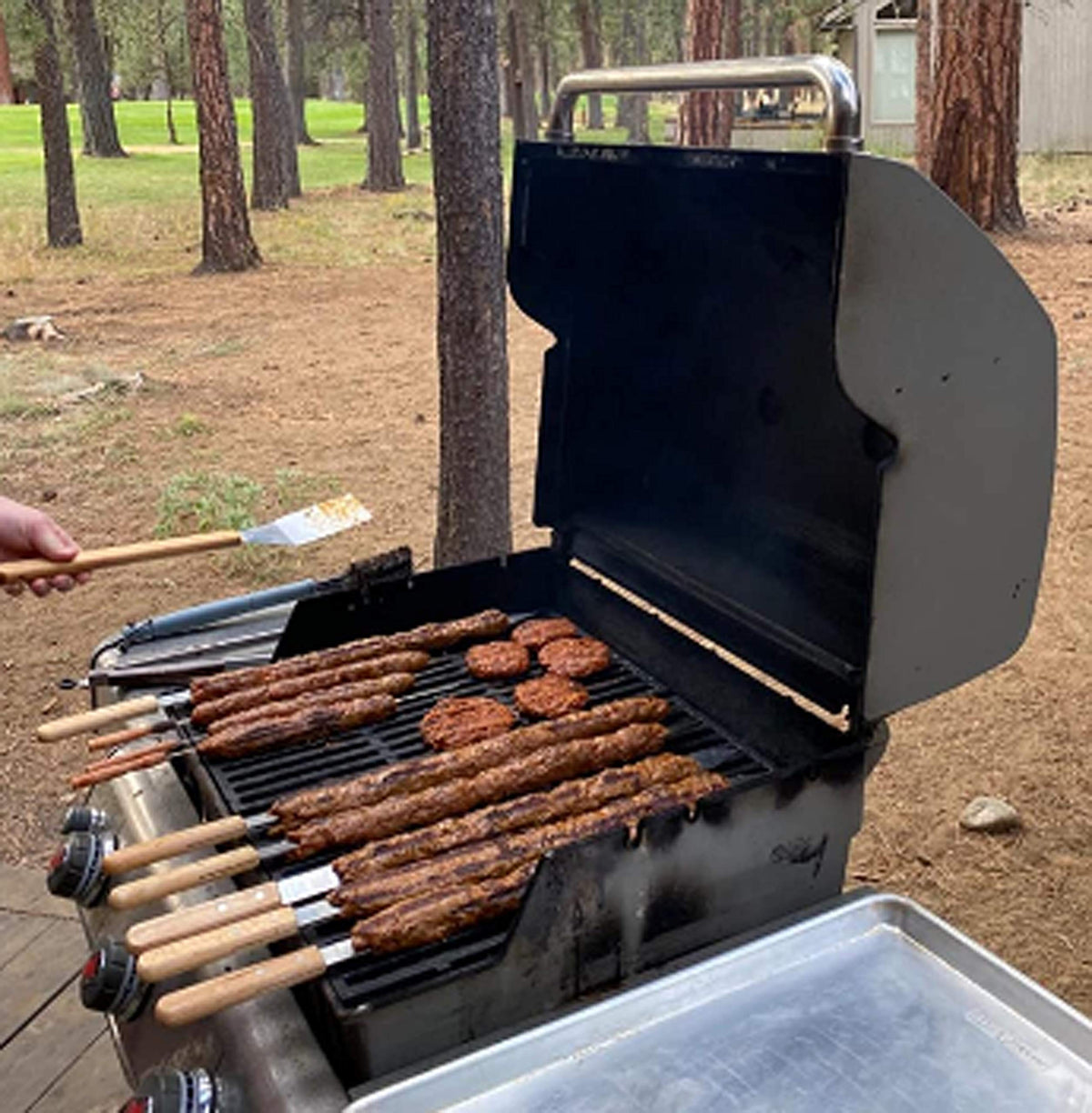 G & F Products eight-piece skewer set for outdoor grilling.