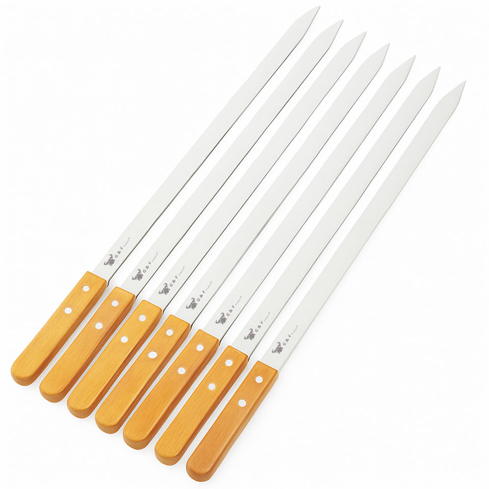G & F Products BBQ skewers with wooden handles for safe grilling.