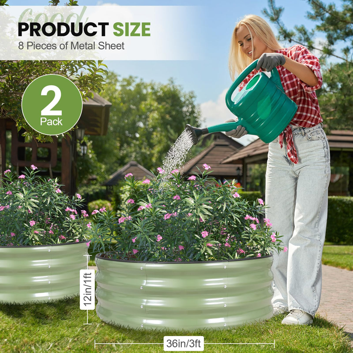 G GOOD GAIN galvanized steel planters with open-bottom drainage.