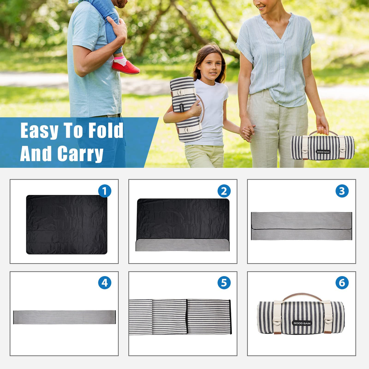 G GOOD GAIN picnic blanket measures 78 by 54 inches when unfolded