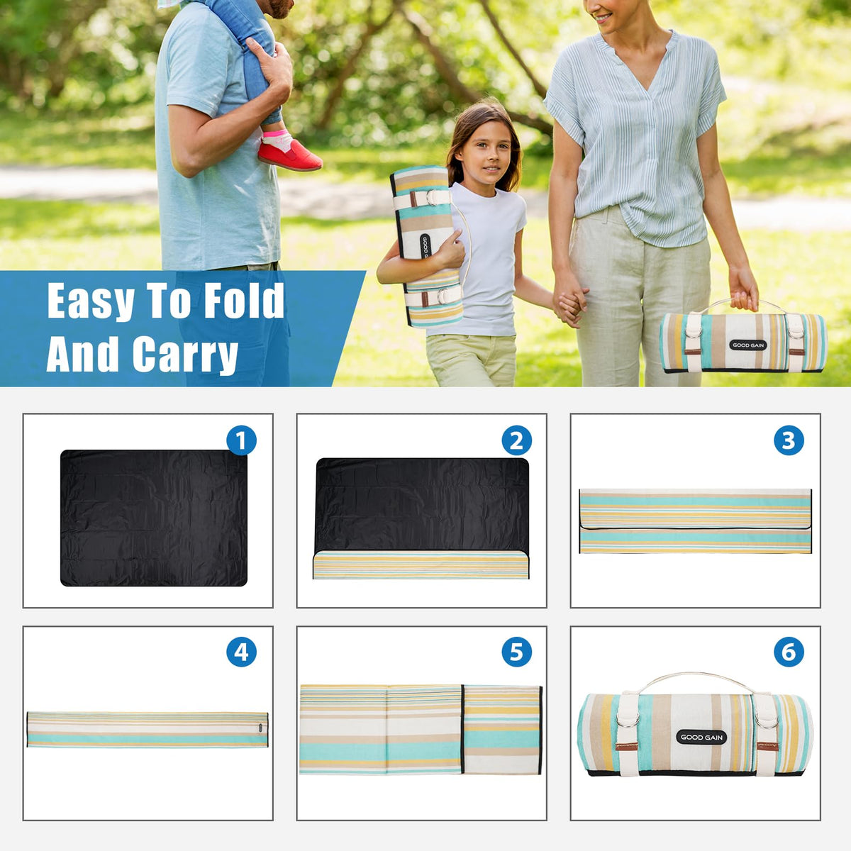G GOOD GAIN picnic blanket beach-adventure scene on the sand and surf