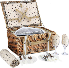 G GOOD GAIN Willow picnic basket featuring cherry print on linen for style.