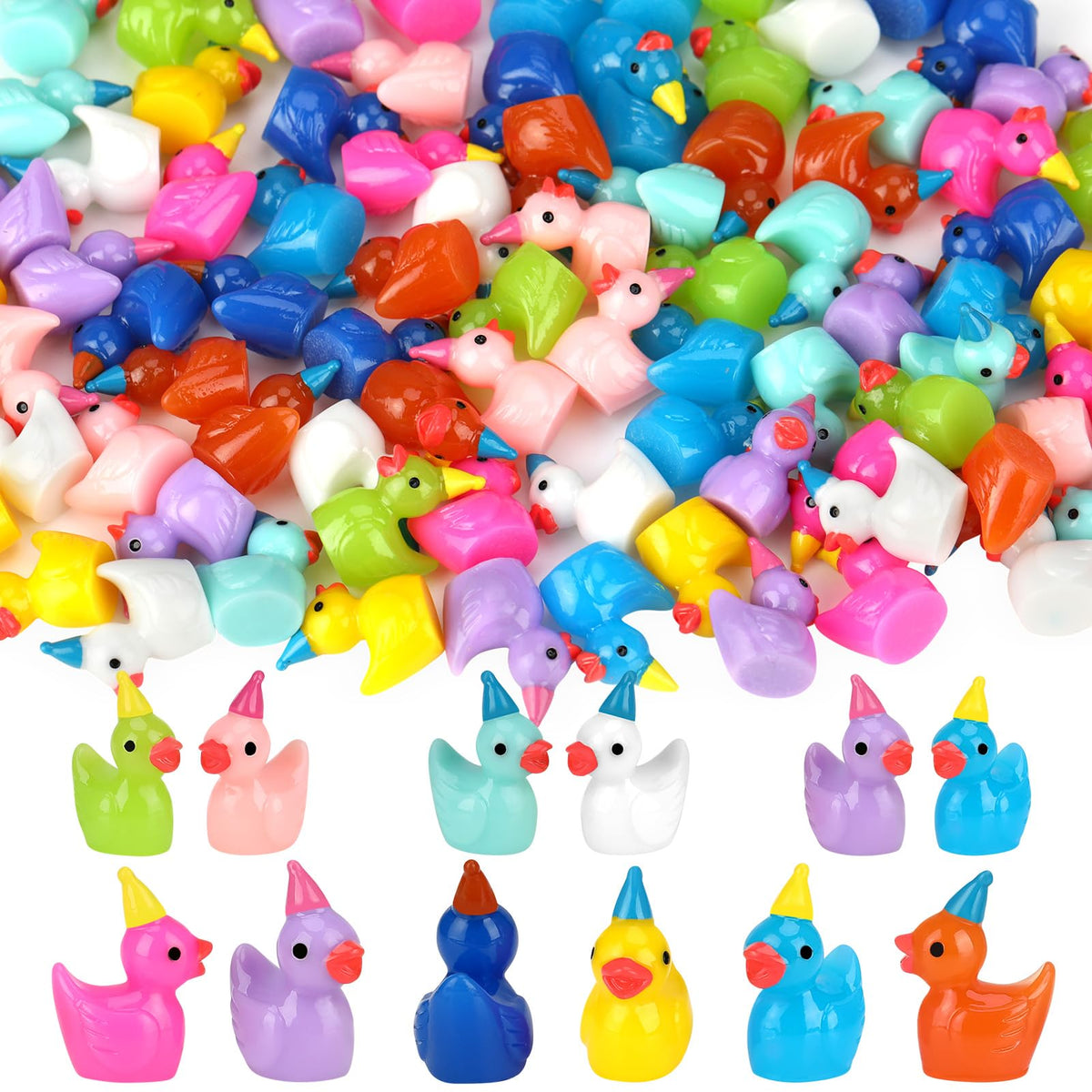 GGSTDDUP mini resin ducks in bright hats for craft projects.