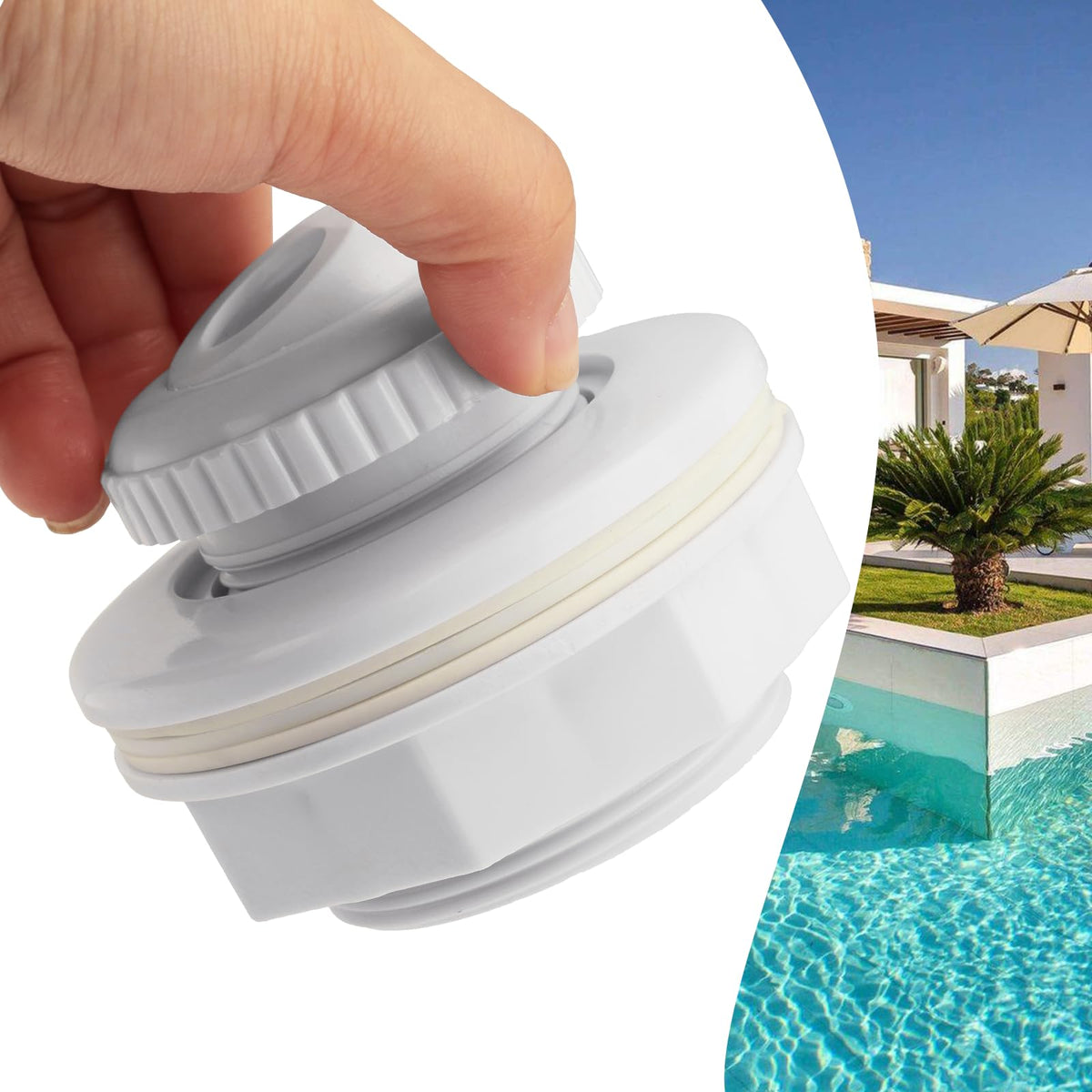 UV resistant PVC body of GGTE pool fitting for outdoor use.