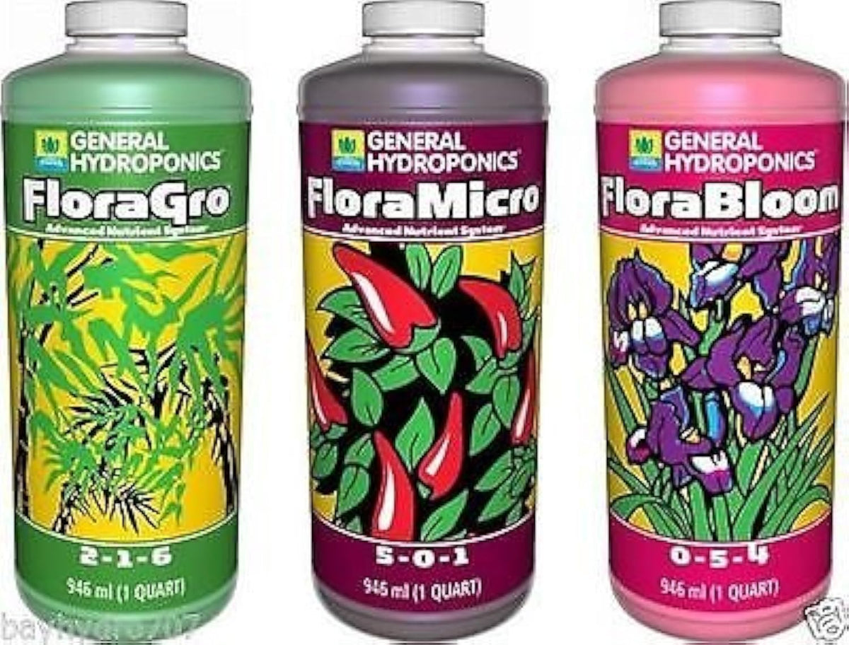 GH Flora Series 32oz trio bottles for complete hydroponic feeding across growth stages