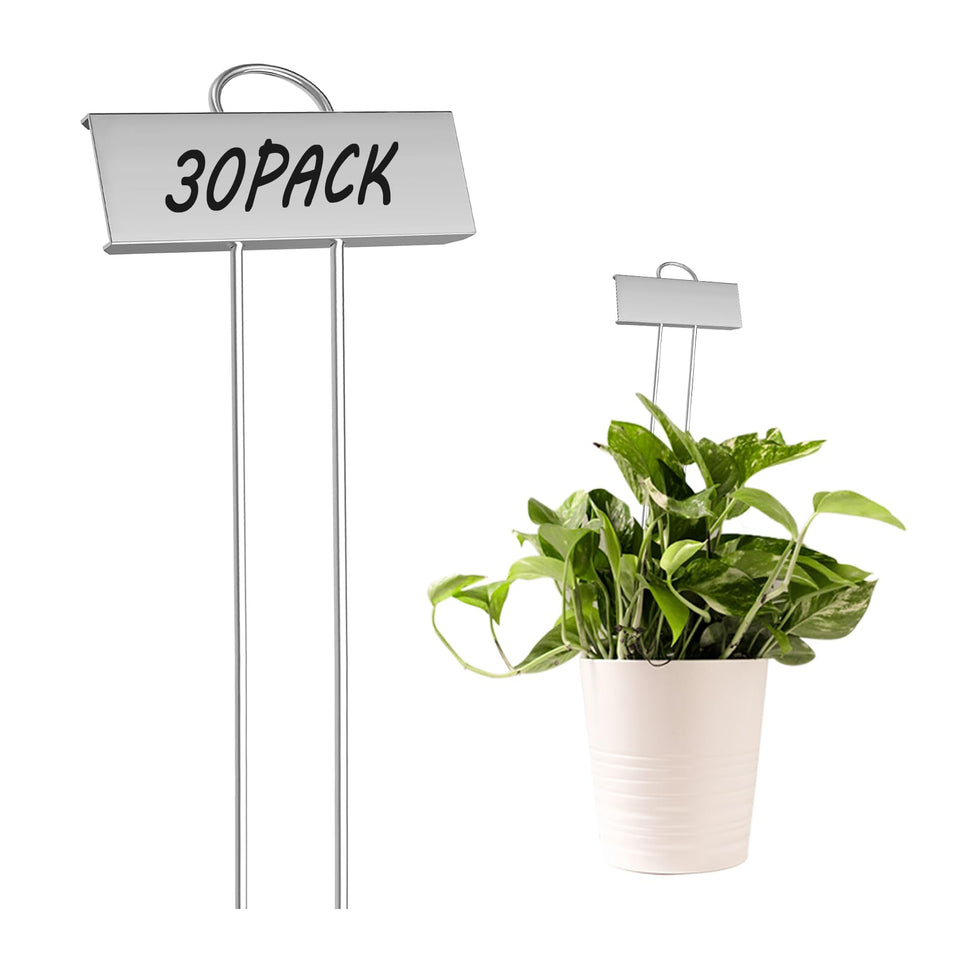 GHAMYEE 30-pack plant labels set demonstrating durable metal markers for organized planting