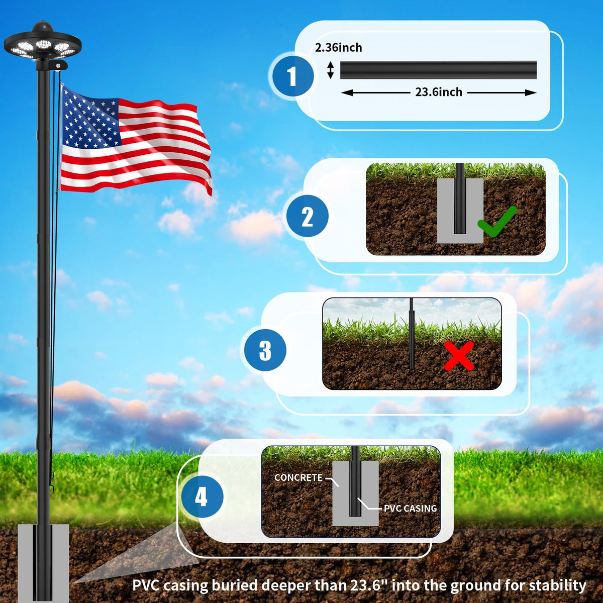 GHOSOONE weatherproof finish protects the pole from sun and rain.