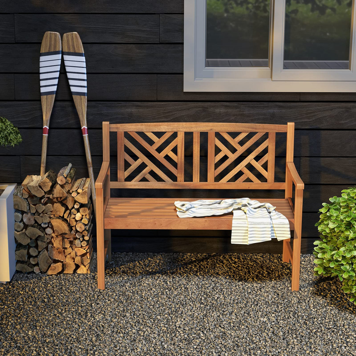 Giantex bench backrest helps maintain posture during evening porch seating