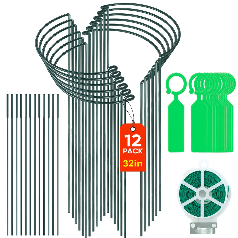 Gicare 12-pack plant support stakes arranged around peonies for sturdy upright growth