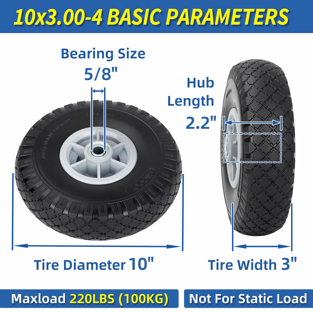 GICOOL 10x3 flat-free tire side view highlights cart compatibility.