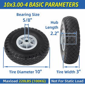 GICOOL 10x3 flat-free tire side view highlights cart compatibility.