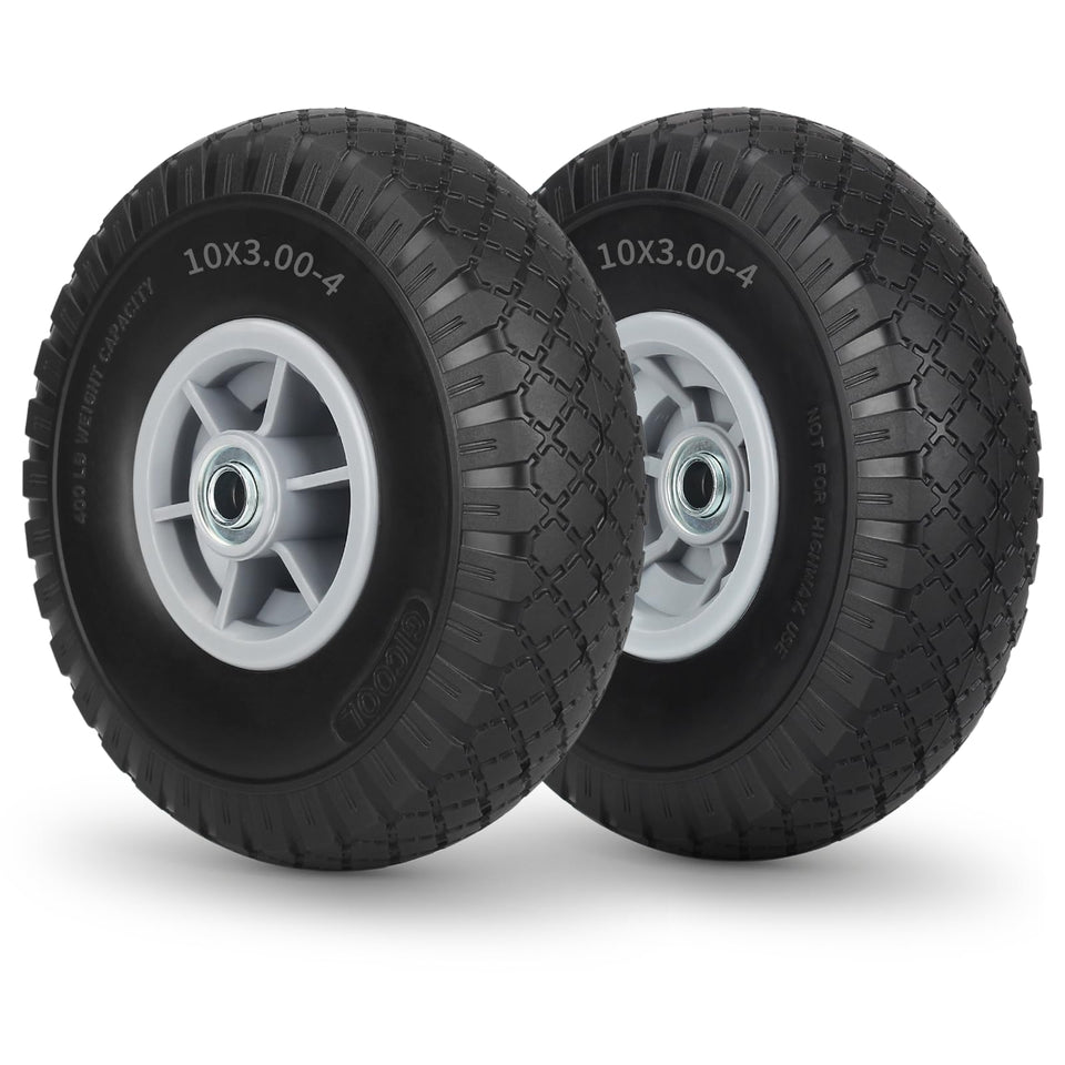 GICOOL 10x3 flat-free tire wheel assembly for carts shows a replacement pair.
