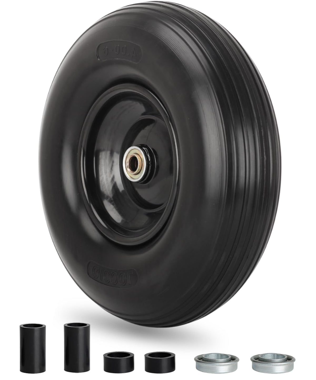 GICOOL 13in wheelbarrow tire front view for rugged, puncture-free performance.
