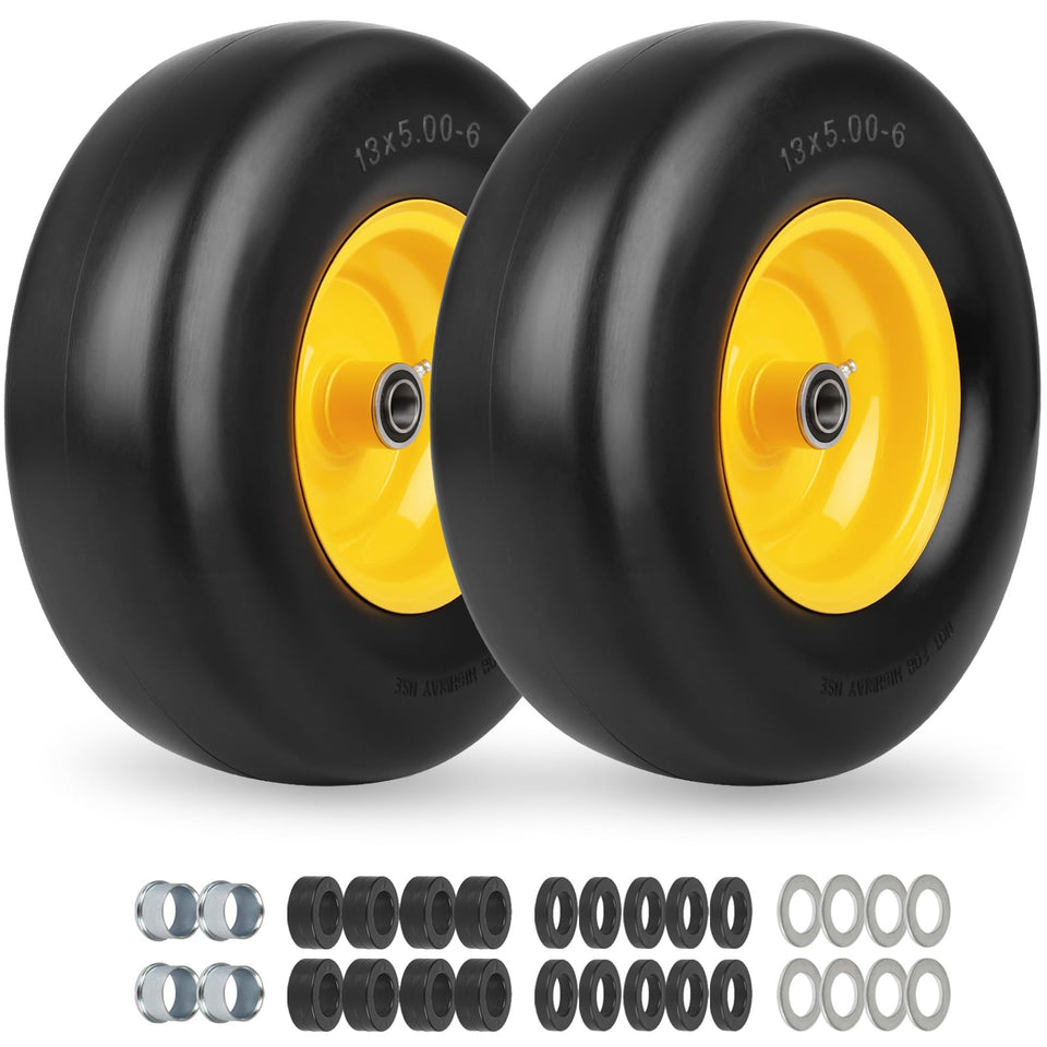 GICOOL 13x5.00-6 flat-free tire assembly with PU core for maintenance-free mowing.