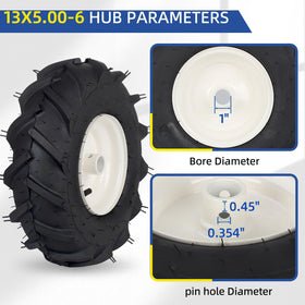 GICOOL 13x5-6 tiller tire tread detail highlights aggressive lugs