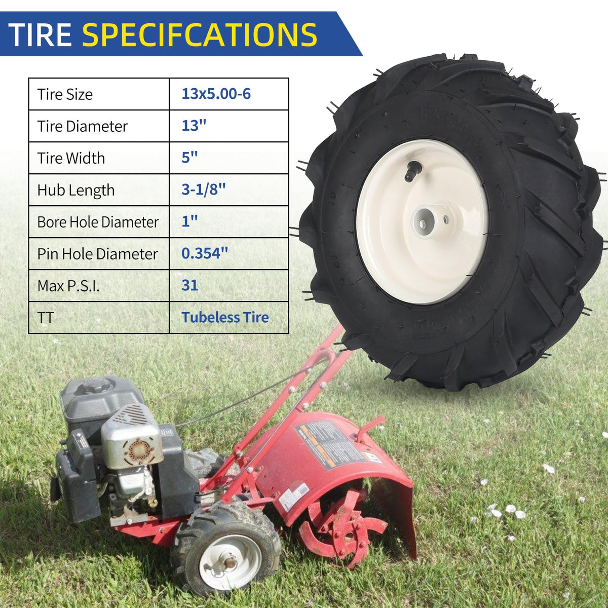GICOOL 13x5-6 tiller wheel hub shows centered hub and pin holes