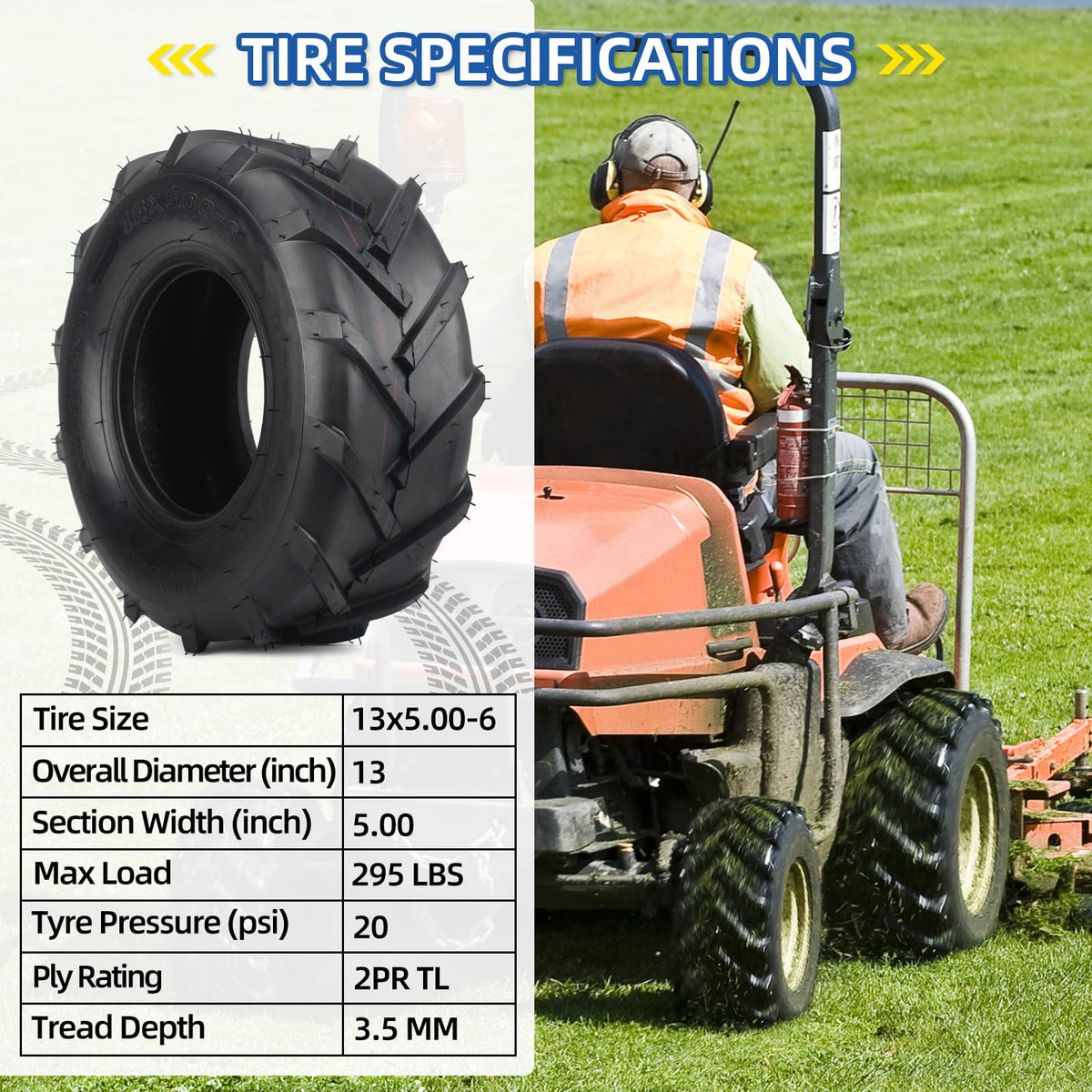 GICOOL 13x5 tubeless lawn mower tire designed for easy maintenance.