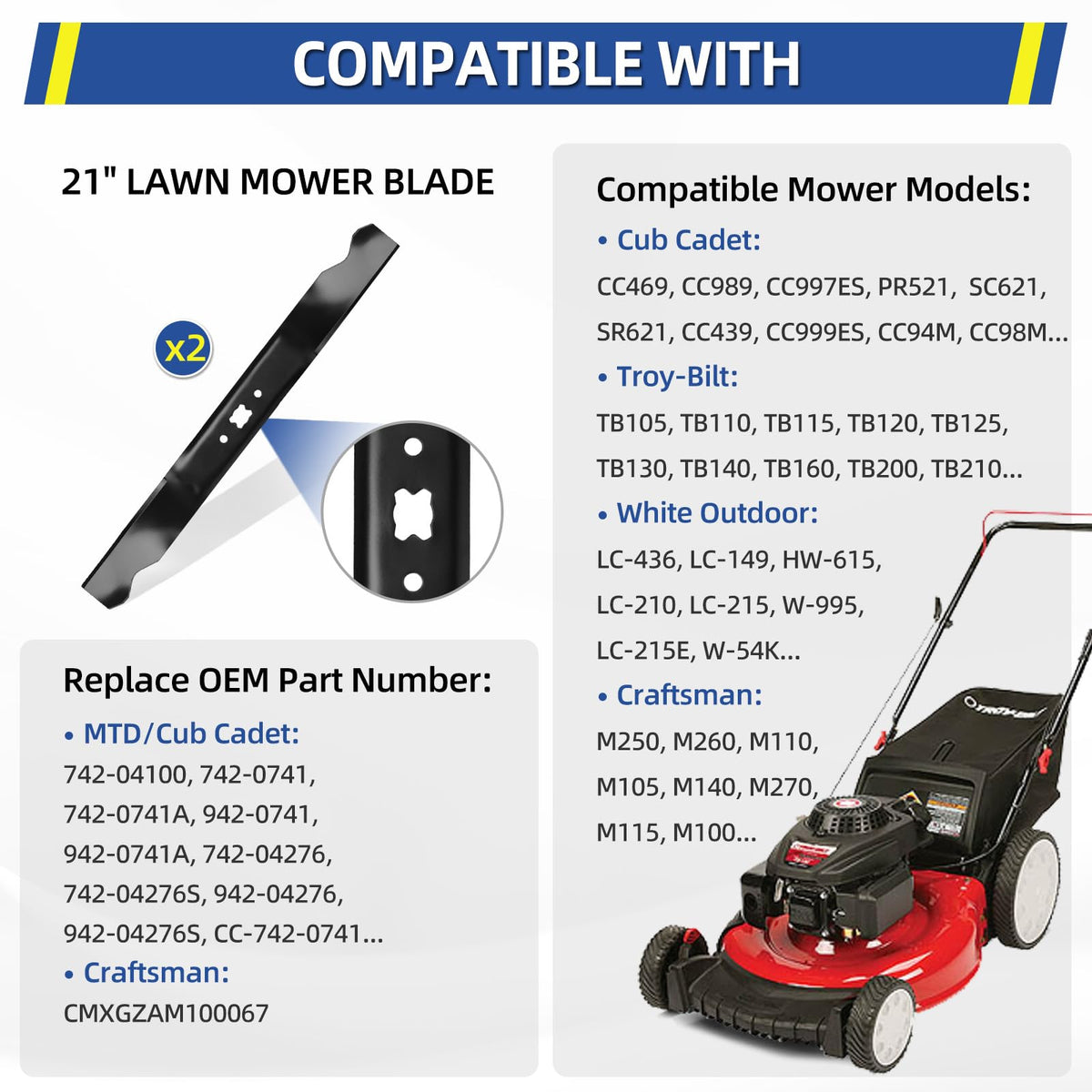 GICOOL 21-inch mulching blade on a Cub Cadet deck enabling efficient bagging.