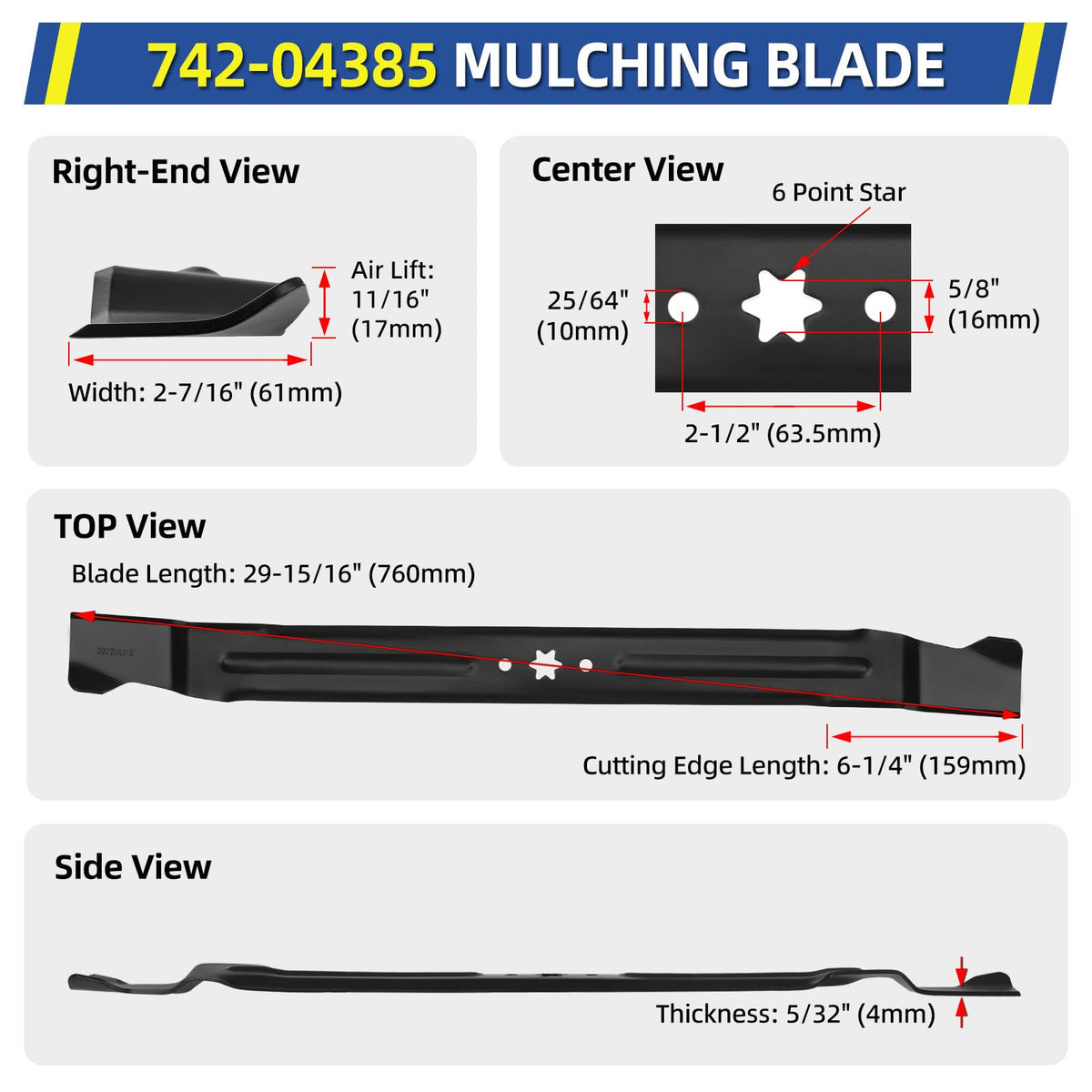 GICOOL 30-inch mower blade compatibility chart with Troy-Bilt and MTD models.