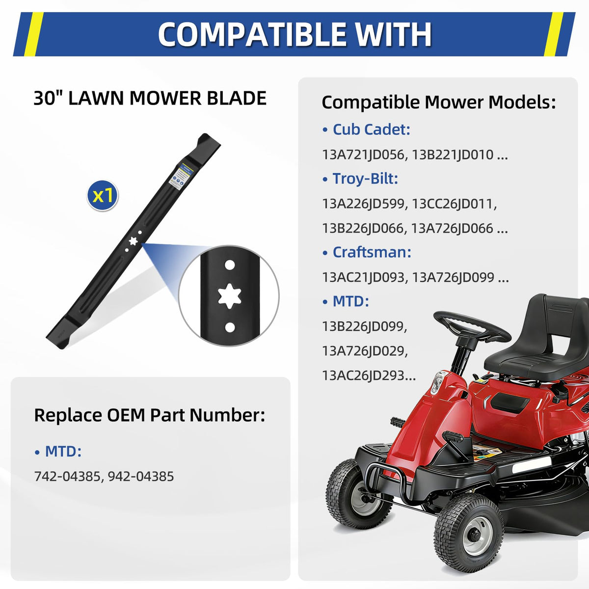 GICOOL 30-inch mower blade side view, shows center star hole for balance.