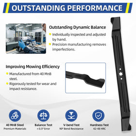 GICOOL 30-inch mower blade specs close-up with dimensions.