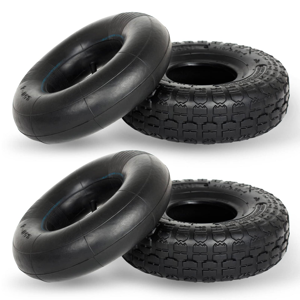 GICOOL 4.10/3.50-4 tire for 10-inch wheels showing robust construction and tread grip