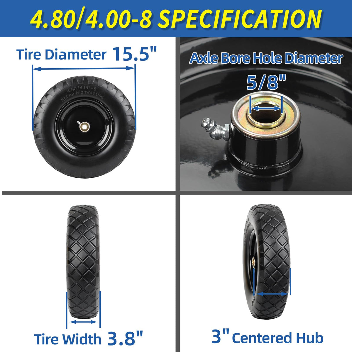 GICOOL solid tire wheel assembly, 16-inch diameter, top view, durable for rough lawn paths.