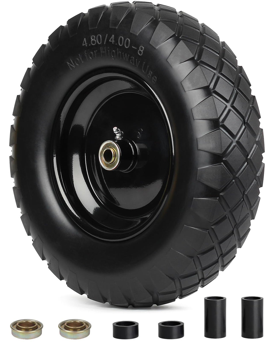 GICOOL 4.80/4.00-8 solid tire and wheel, side view, maintenance-free for garden carts.