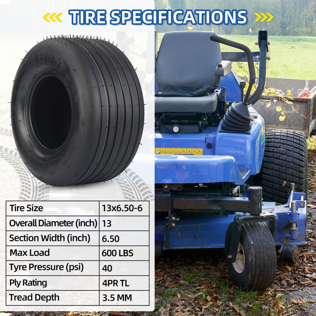 GICOOL 4PR ply lawn mower tire 13x6.50-6 emphasizes durability and wear resistance