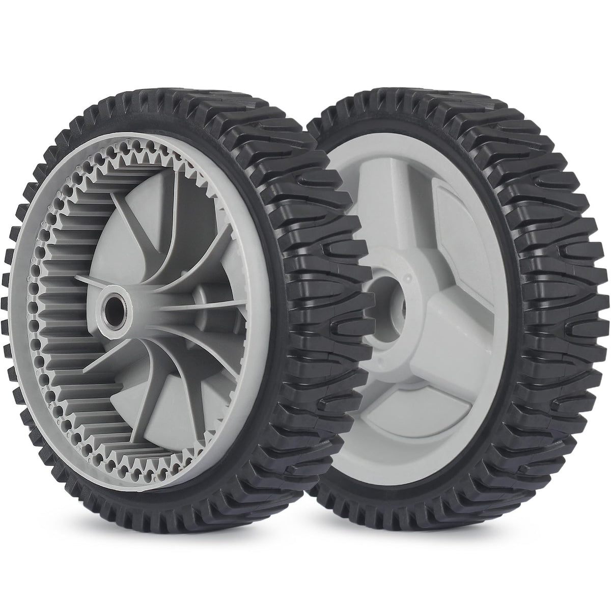 GICOOL 8-inch front drive wheels installed on a Husqvarna mower for smoother mowing